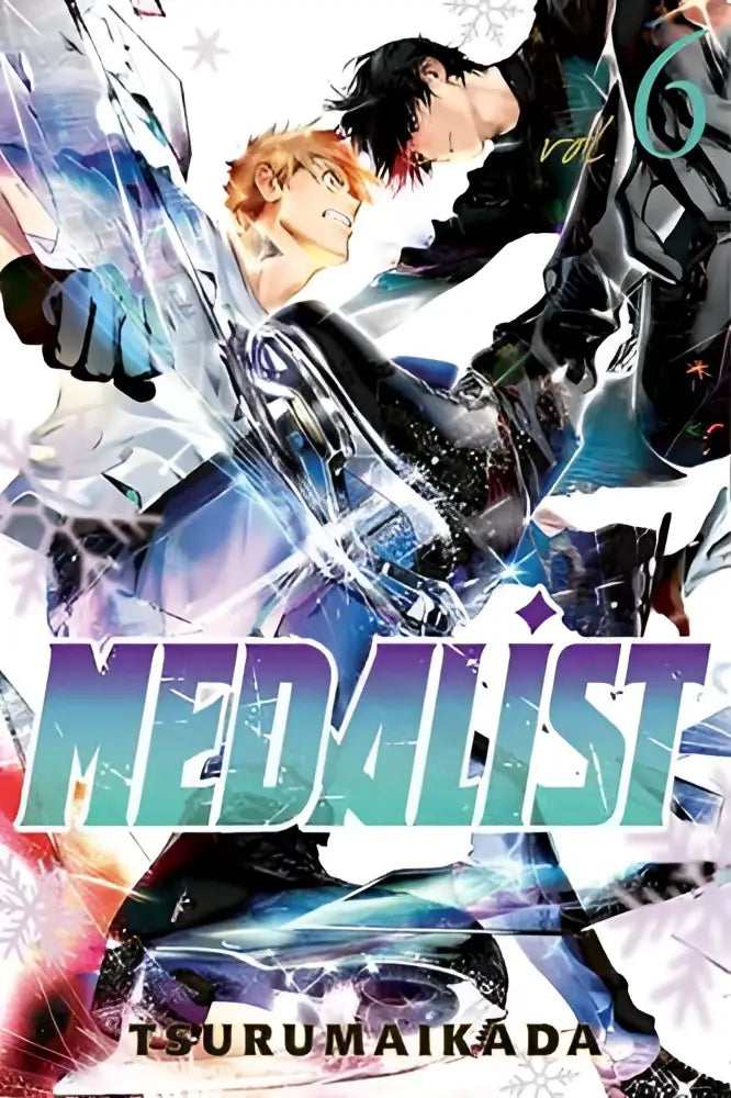 De cover van de manga Medalist 6 toont dynamische animepersonages in actie met blauw-witte ijzige effecten
