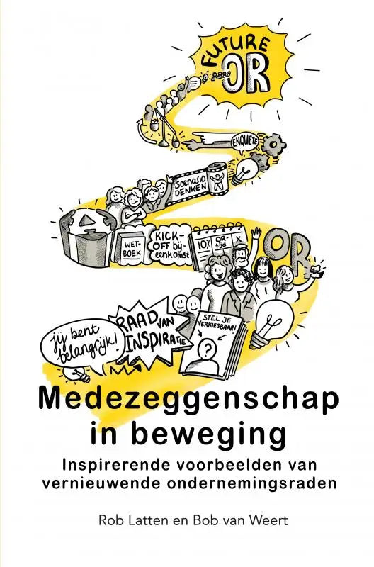 Gele en zwarte geïllustreerde boekcover van medezeggenschap in beweging met inspirerende voorbeelden van vernieuwende ondernemingsraden