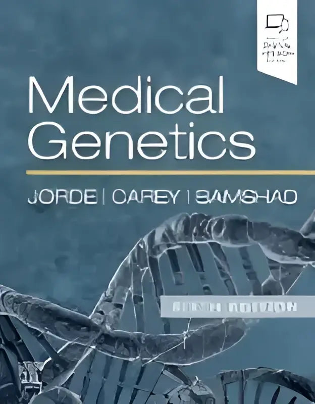 De boekcover van medical genetics toont de titel in vet wit met auteursnamen en een dna dubbelhelix centraal