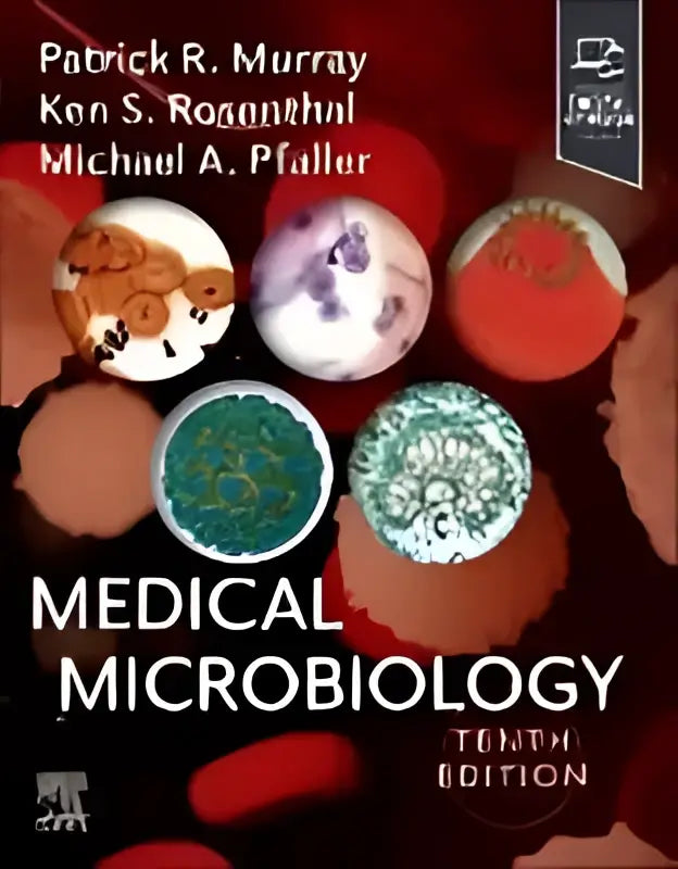 De tiende editie van medical microbiology, een studieboek met een zwart-witte omslag en kleurrijke cirkeldiagrammen