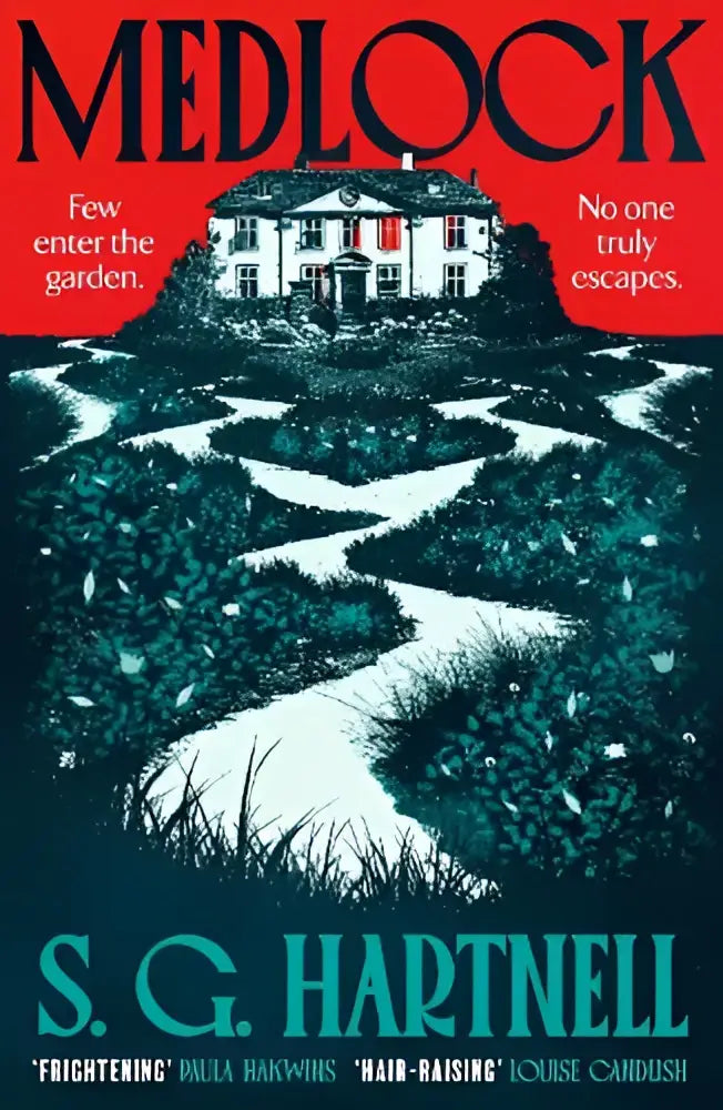 De boekcover van medlock een chilling atmospheric horror novel toont een gotische mansion met rode ramen en donkere tuin