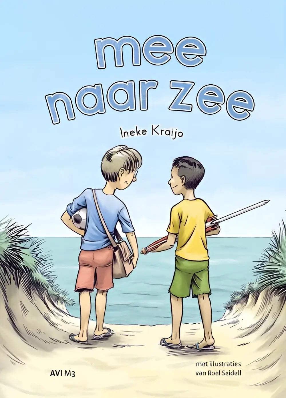 Blauwe illustratie voor een nederlandstalig hardback kinderboek mee naar zee van ineke kraijo uit de serie leesvlam met twee jongens op het strand waarvan een met een bruine tas