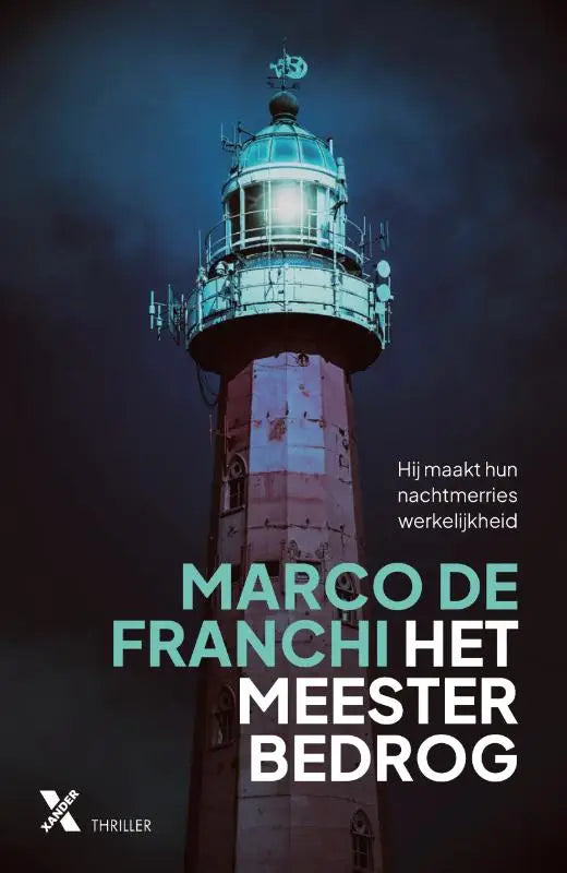 Het meesterbedrog toont een hoge rood-witte vuurtoren met een gloeiend licht en moderne antennes