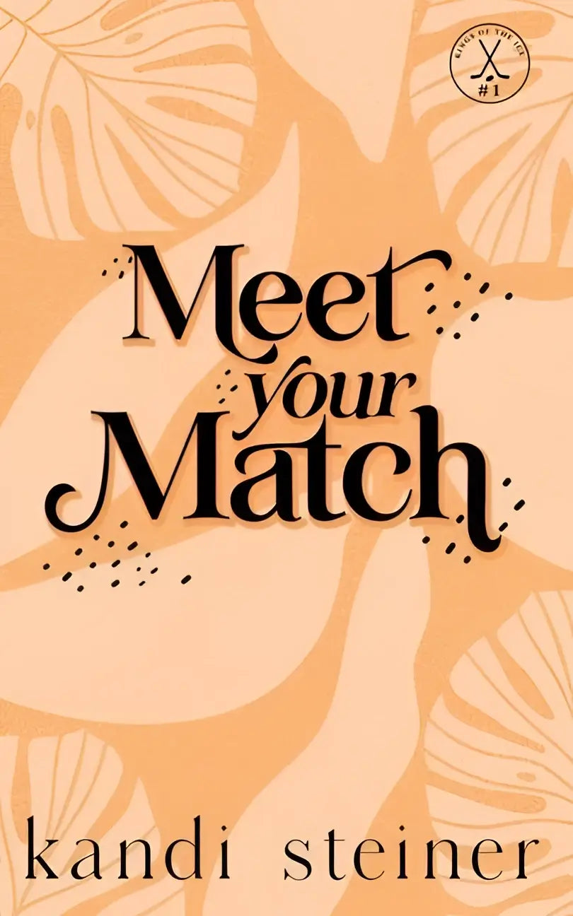 Een zacht perzikkleurige boekomslag meet your match met elegante zwarte letters en subtiel bladpatroon door kandi steiner