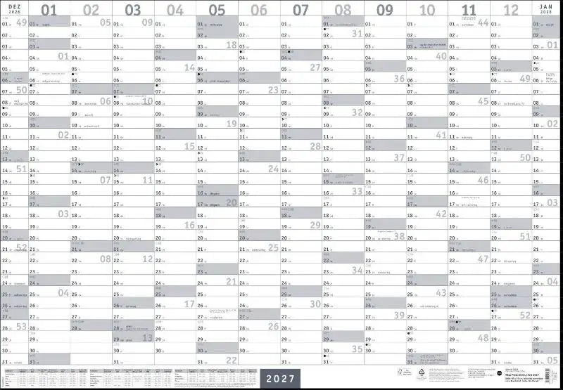Calendrier mural méga-posterplaner argent 2027 avec design minimaliste gris blanc papier et ferienterminen und feiertagen