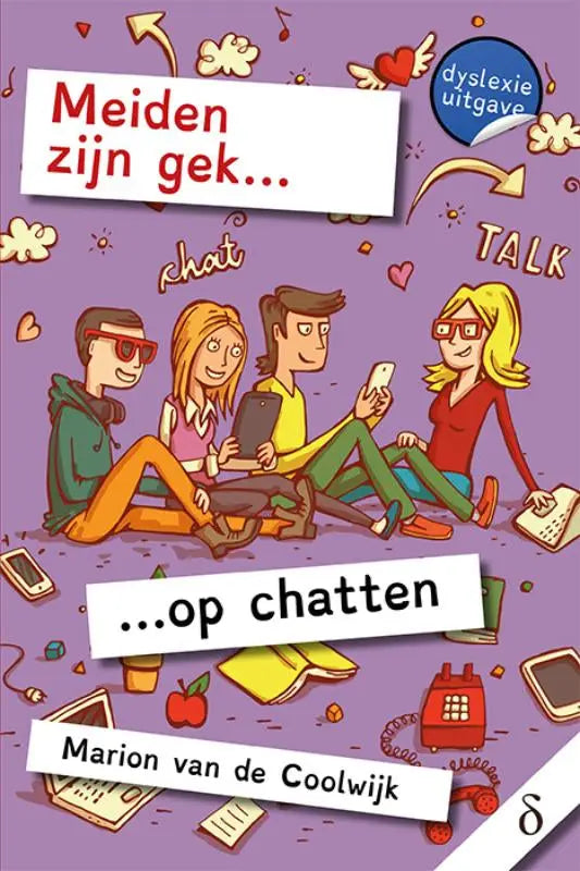 Paarse boekomslag met cartoonfiguren die chatten en de titel meiden zijn gek op chatten uit de serie meiden