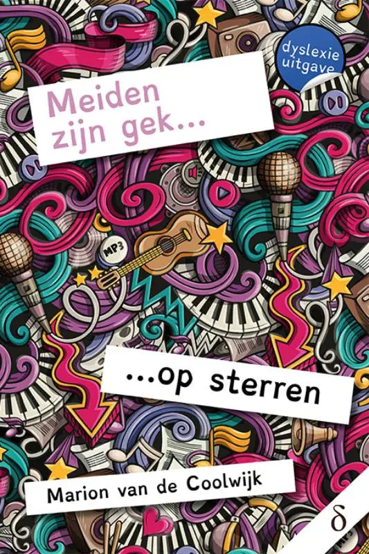 Vibrante, doodle-stijl boekomslag van serie meiden met muzikale instrumenten en abstracte golven in felle kleuren