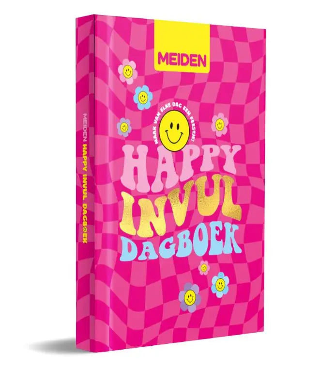 Vibrant pink checkered meiden happy invul dagboek with cheerful yellow and blue smiley face flowers on the cover