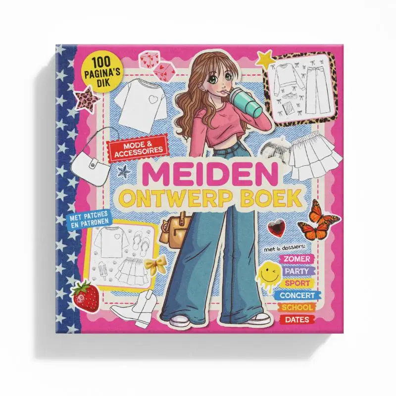 Boekcover van meiden ontwerpboek met illustratie van meisje in roze top, spijkerbroek en witte schoenen