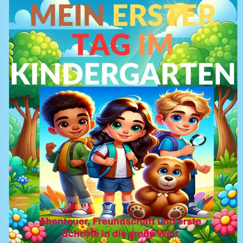 Kinderboek mein erster tag im kindergarten met drie kinderen en teddybeer over freundschaft und erste schritte