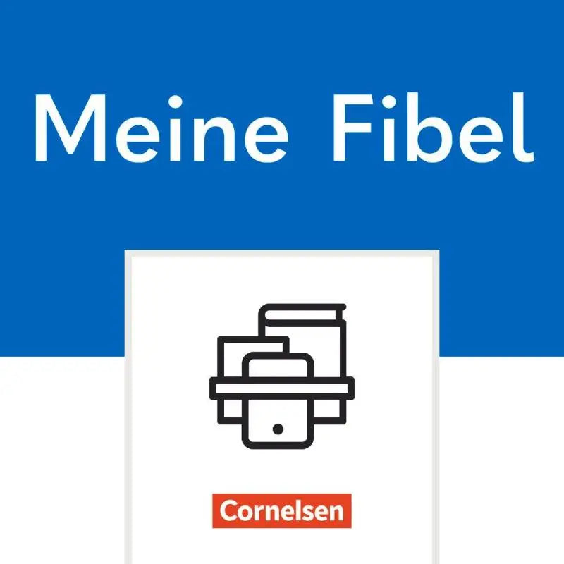 Cover van meine fibel 1 schuljahr met minimalistisch zwart lijntekening van boeken en blauwe header voor basiskompetenzen deutsch en übungshefte im paket