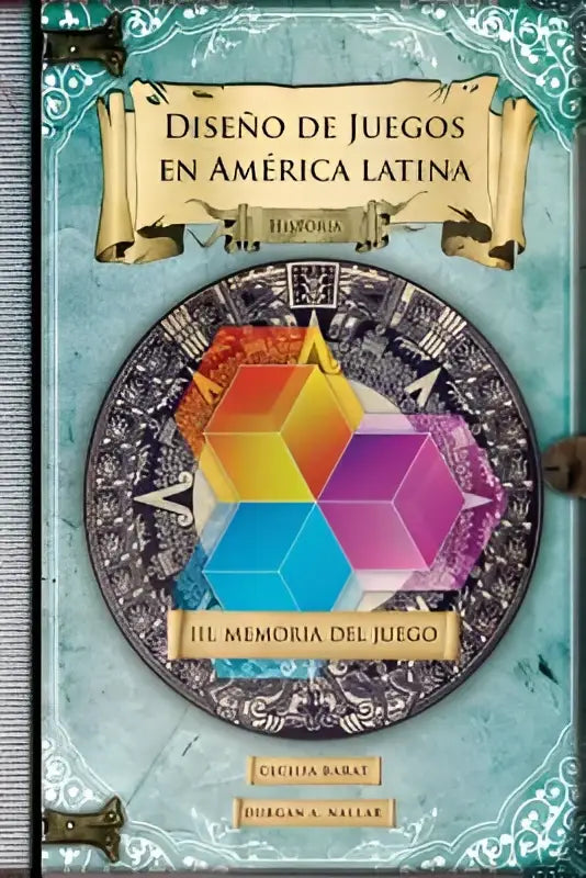 De boekcover van memoria del juego toont een levendig geometrisch ontwerp met kleurrijke hexagonen en een sierlijk zilveren frame