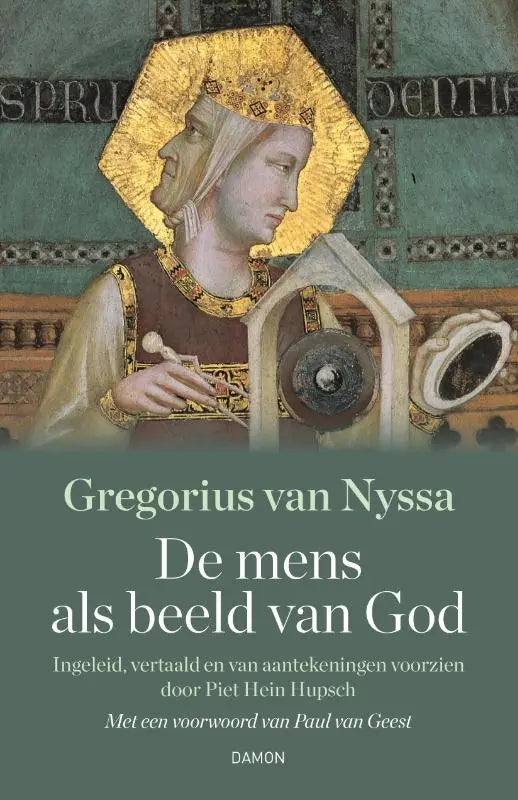 Boek cover van de mens als beeld van god met gouden middeleeuwse illustratie van een gekroonde figuur op een blauwe achtergrond