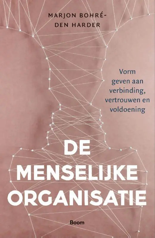 Het boek de menselijke organisatie toont een abstracte menselijke silhouet van witte lijnen op een zachte roze achtergrond