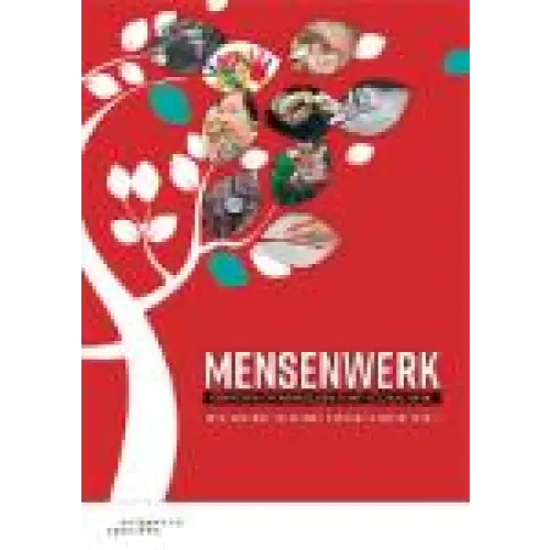 Rood Mensenwerk magazineomslag met witte boom en circelfoto’s in bladeren