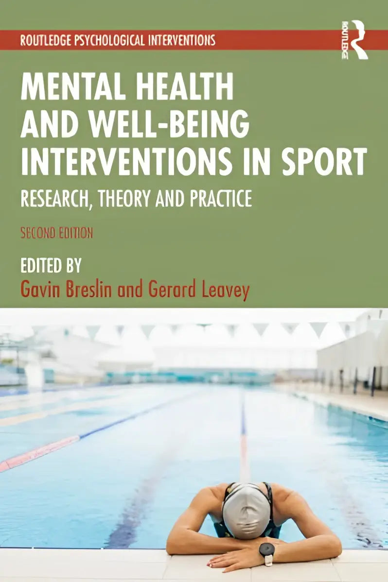 De boekomslag toont een groen exemplaar van mental health and well-being interventions in sport met witte en rode tekst