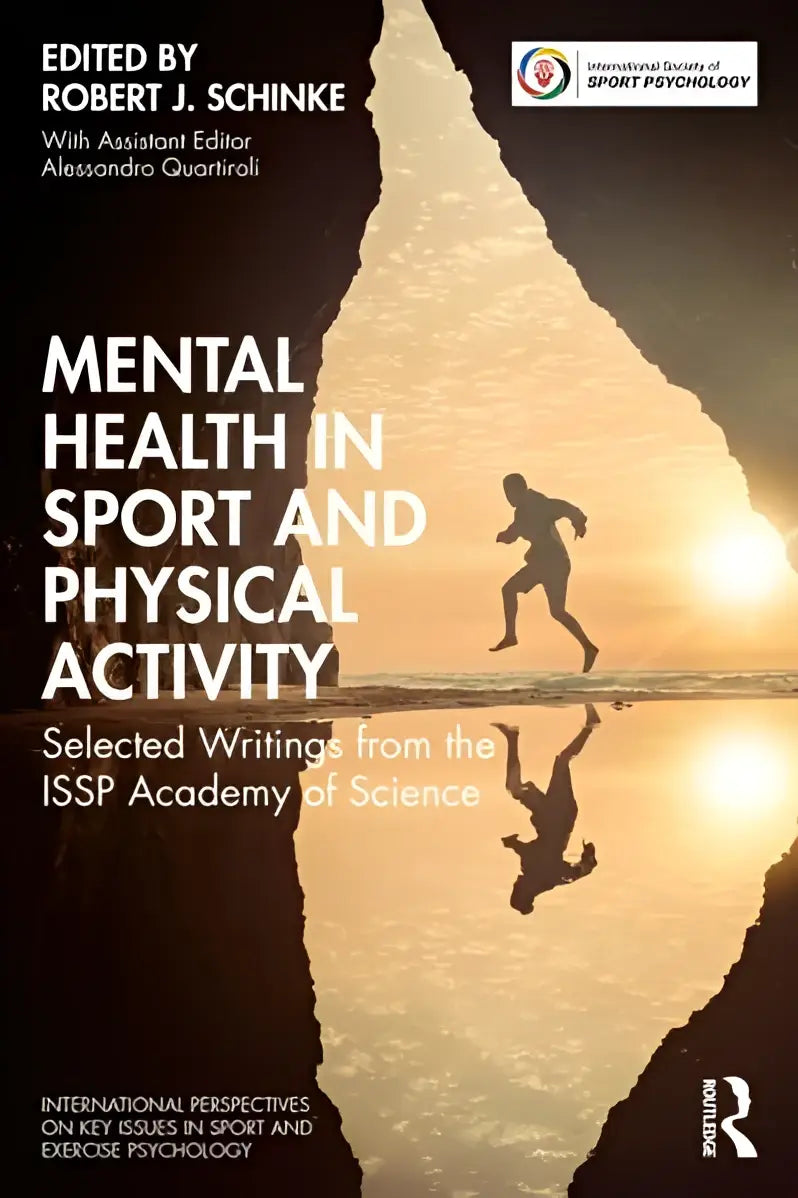 De boekcover toont een silhouette van een hardloper tegen een gouden zonsondergang met de titel mental health in sport and physical activity