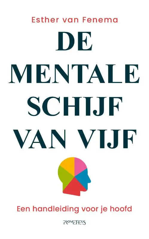 De boekcover van de mentale schijf van vijf toont een kleurrijk hersenicoon en esther van fenema als auteur