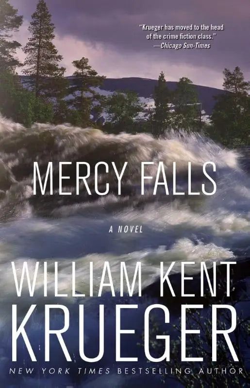 The book cover for mercy falls by William Kent Krueger shows a waterfall with dark green trees and snow-capped mountains under a stormy purple sky for the o’connor mystery series