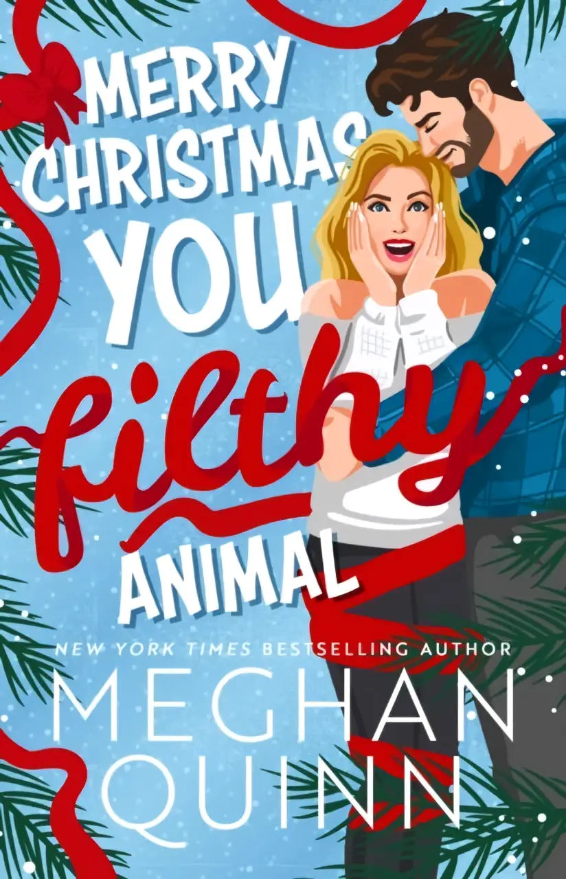 Merry christmas you filthy animal boekomslag met blonde vrouw in wit en rood gekleed en man in blauw geruit tegen kerstachtergrond
