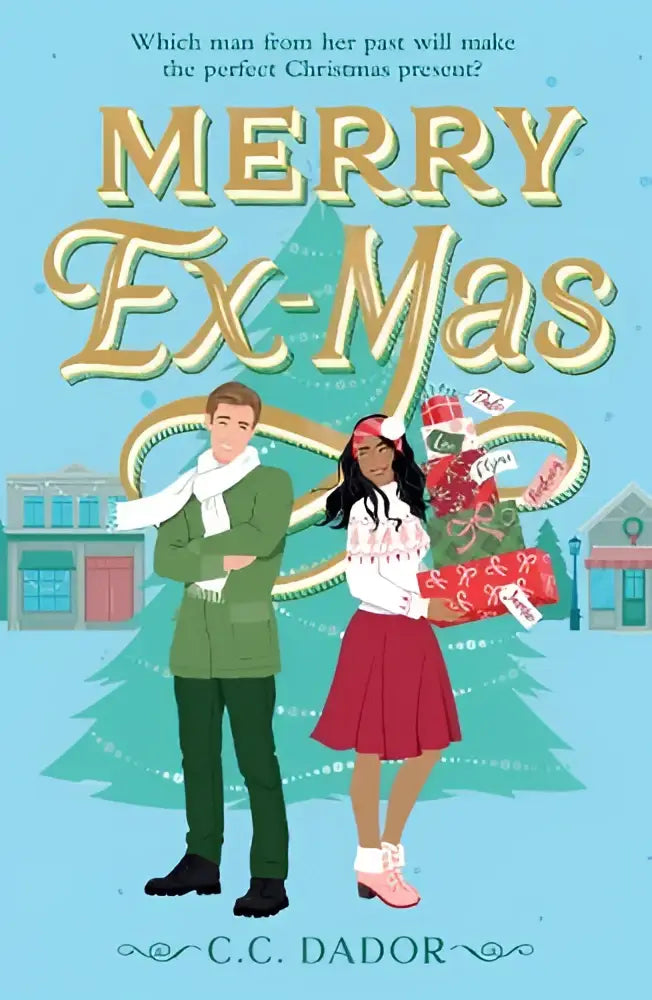 Cover van merry ex-mas boek met twee feestelijk geklede personages tegen lichtblauwe achtergrond met kerstbomen en cadeaus door harpercollins publishers