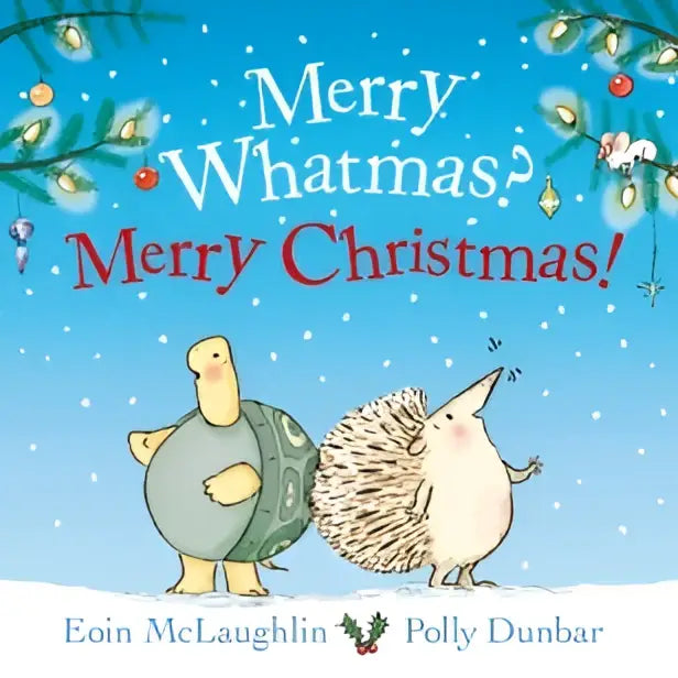 Kinderboek merry whatmas merry christmas met cartoon schildpad en egel op blauwe sneeuwachtige achtergrond voor jonge lezers