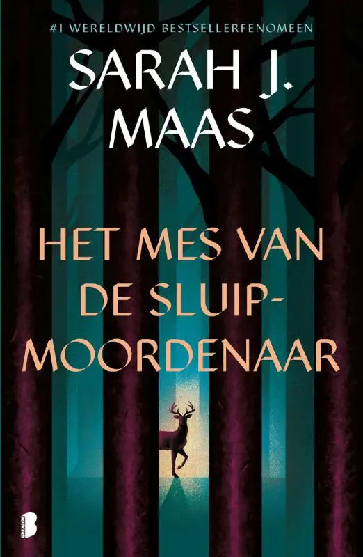 Boekcover van het mes van de sluipmoordenaar door sarah j met gestileerde hert en gloeiende teal en paarse boszuilen