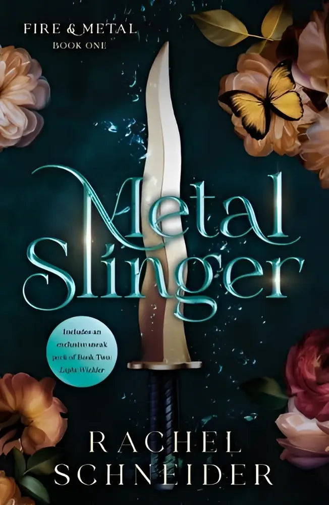 De boekcover van metal slinger book one toont een zilveren dolk met zwarte handgreep en bloemen en vlinders