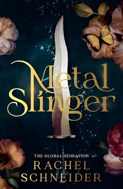 The book cover of metal slinger features a metallic silver dagger with a brown handle against an ornate floral background and is an instant sunday times bestseller