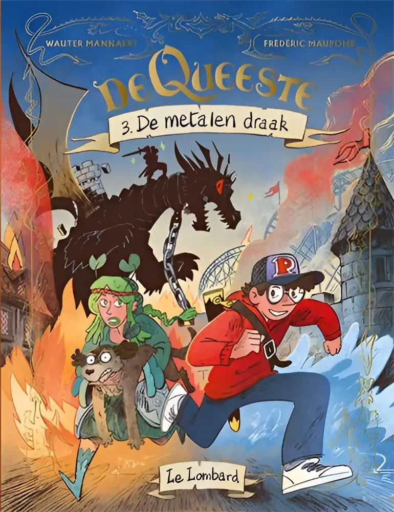 De cover van het geïllustreerde kinderboek de queeste 3 toont de metalen draak en is geschikt voor jonge lezers