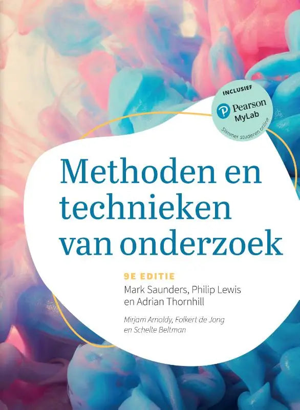 Boekcover methoden en technieken van onderzoek 9e editie met mylab nl toegangscode tegen abstracte roze en blauwe achtergrond
