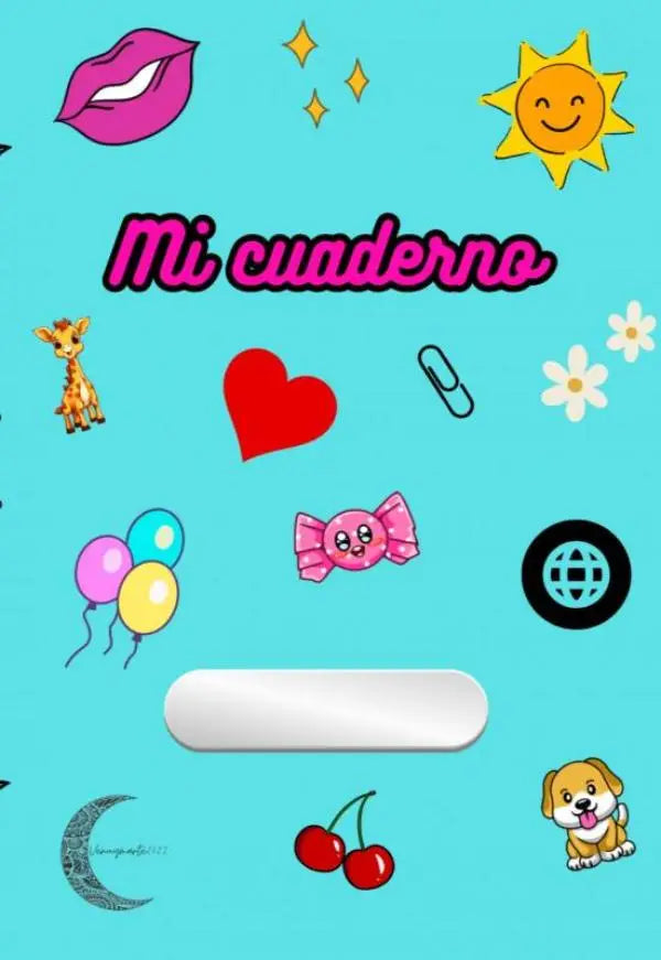 Een vrolijk turquoise notitieboek mi cuaderno met speelse cartoonstickers zoals een lachende zon roze lippen en een rood hart