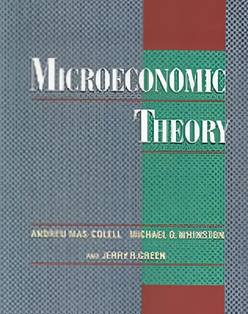 De boekcover van microeconomic theory toont witte serif letters met een grijze textuur en verticale rode en groene strepen