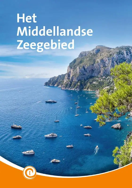 Een levendig oranje en wit reisgidscover toont het middellandse zeegebied met boten, kliffen en groen landschap