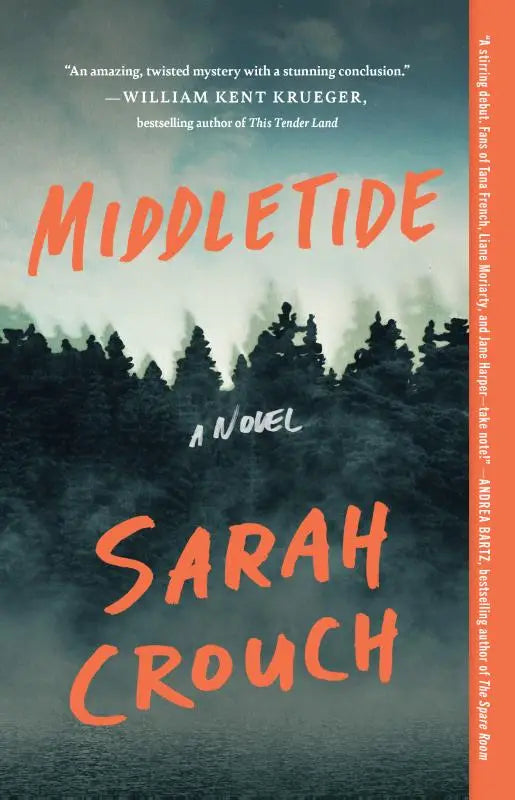 Paperback roman met oranje titelmiddletide en een mistig bos op de omslag