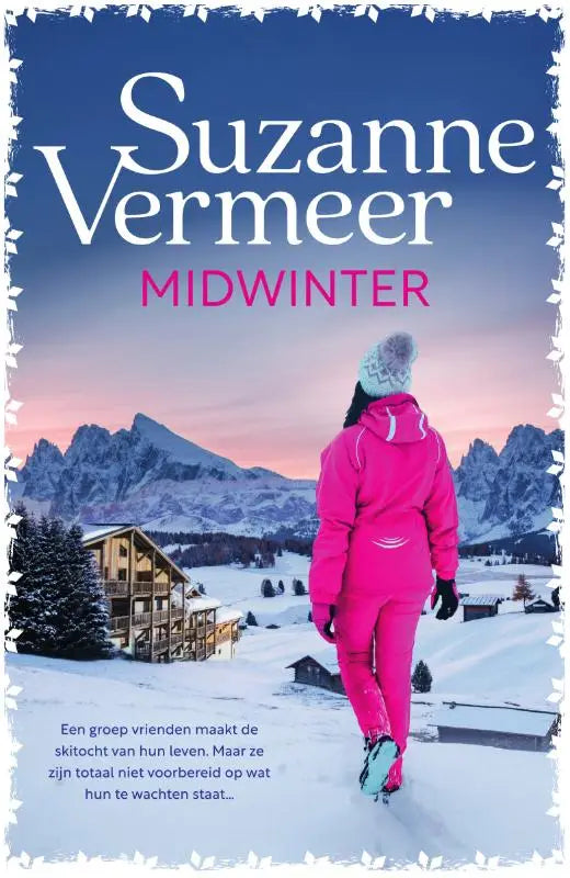 Een levendig roze midwinter skipak met een wit afgezoomde capuchon en bijpassende handschoenen in een besneeuwd berglandschap
