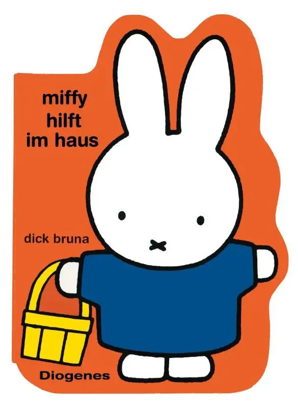 Miffy helpt im haus toont een wit miffy karakter in een blauw shirt met gele mand gericht op jonge lezers