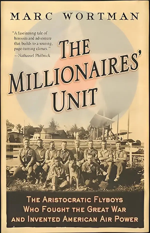 De boekomslag van Millionaires unit toont een sepia foto van soldaten met zwarte tekst en illustratie van vliegtuigen