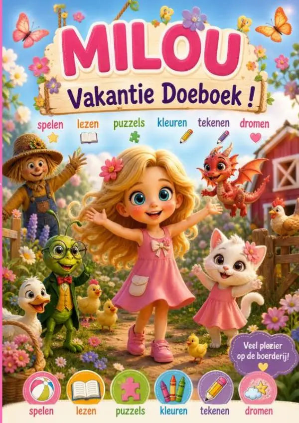 Cartoon meisje met een roze jurk en strik bij de taille uit het milou vakantie doeboek voor jonge lezers