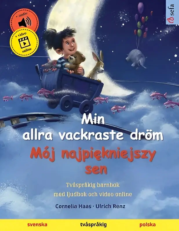 The book cover of allra vackraste dröm mój najpiękniejszy sen shows a child on a blue train under a crescent moon with balloons and fish