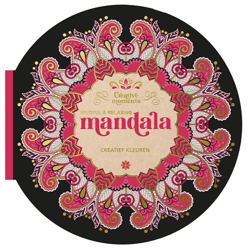 Een creatief kleuren boek met een ontspannende mandala in levendige roze en goudkleurige paisley patronen op zwarte achtergrond