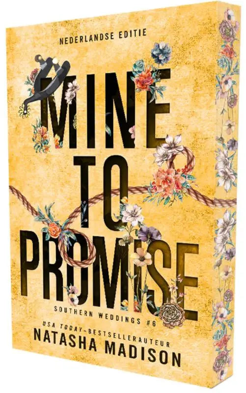 Gele boekomslag met bloem- en touwontwerp en de titel mine to promise in zwarte letters van natasha madison romance steamy
