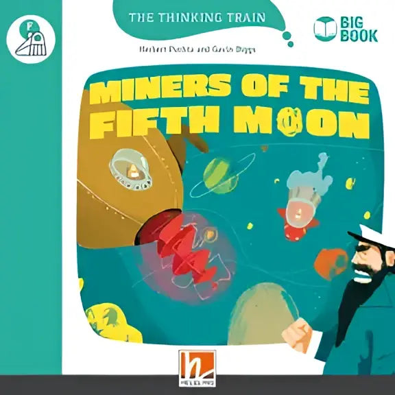 Groot boek Miners of the fifth moon met kleurrijke cartoonruimte-illustratie
