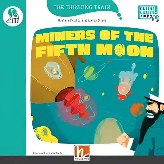 Omslag van kinderboek Miners of the fifth moon met cartoontekening en geel tekst op teal achtergrond