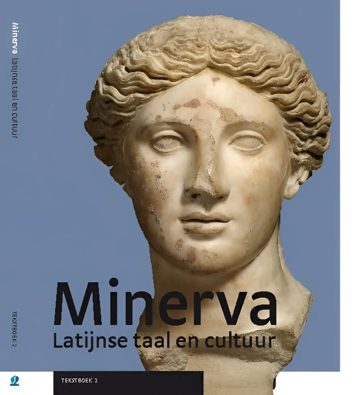 A weathered light beige marble bust of minerva with intricately carved wavy hair and classical facial features