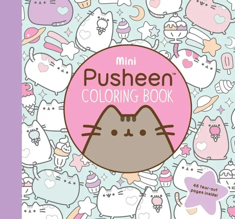 Mini pusheen coloring book met roze omslag en cartoon pusheen katten met ijs en cupcakes op lichtblauwe achtergrond