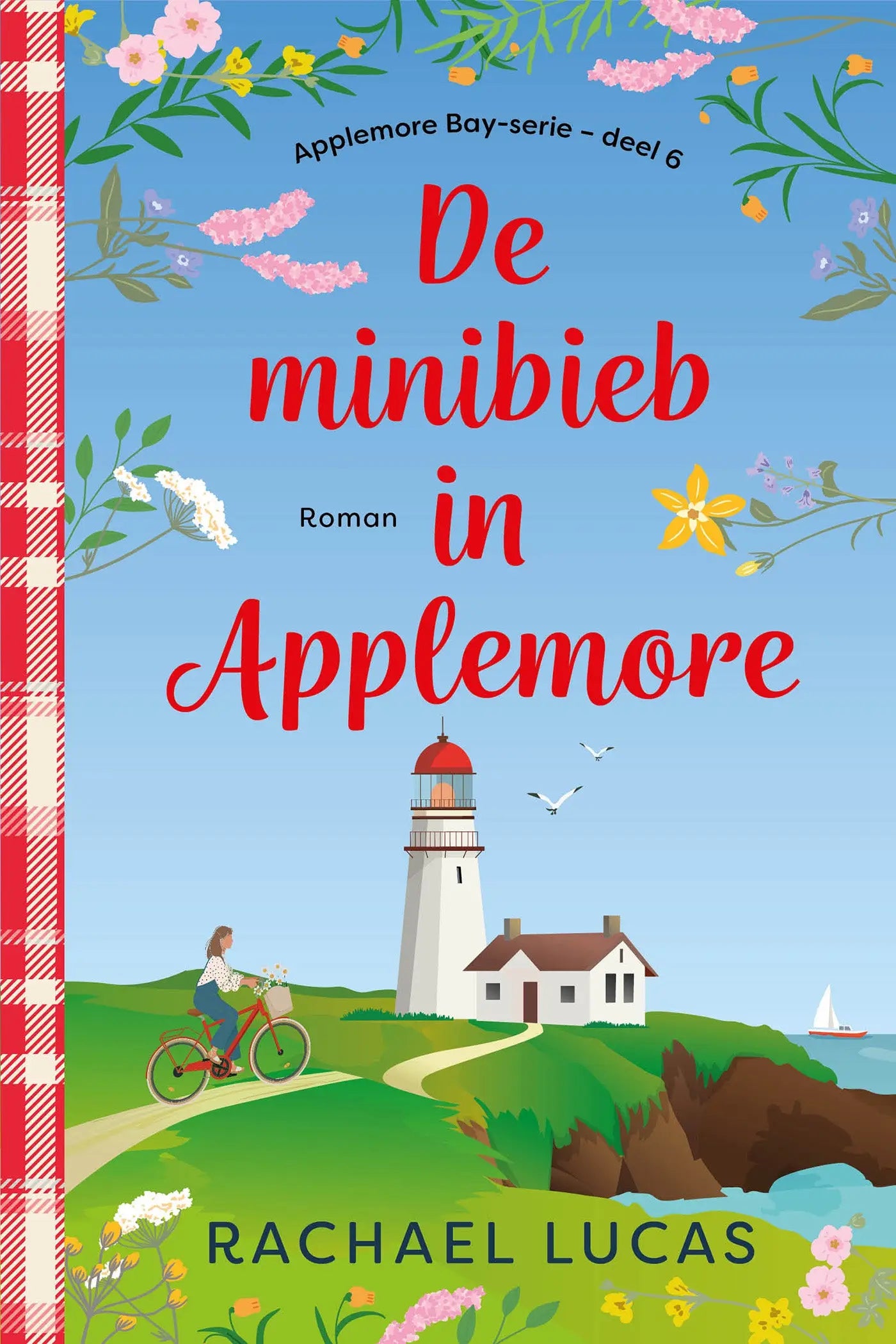 The book cover of de minibieb in applemore by rachael lucas shows a white lighthouse with a red roof in a nederlandstalige feelgood romance