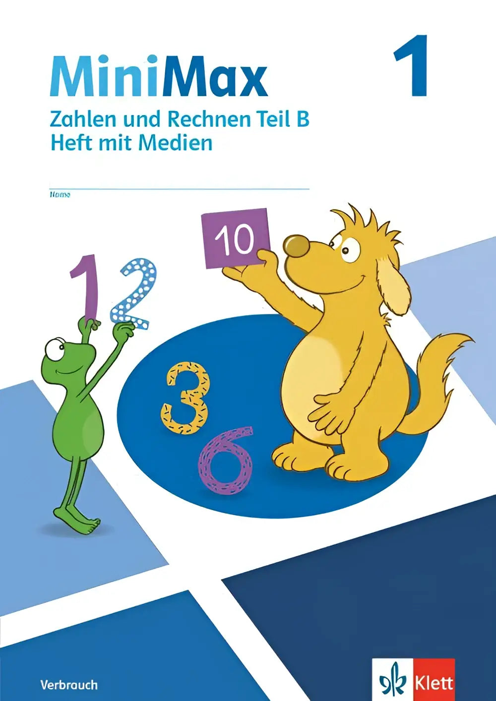 Minimax 1 kinderrekenwerkboek met kleurrijke cartoonfiguren en cijfers op de cover voor zahlen und rechnen teil b