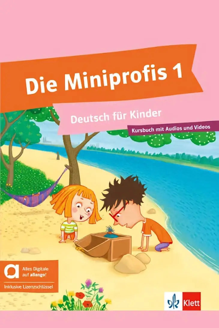 Die miniprofis 1 deutsch für kinder werkboek met kleurrijke strandscène en cartoonkinderen voor beginners