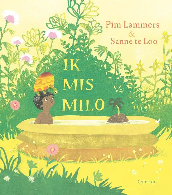 Vibrante kinderboekenomslag van ik mis milo met een cartoonkind in een gele badkuip omringd door bloemen voor jonge lezers